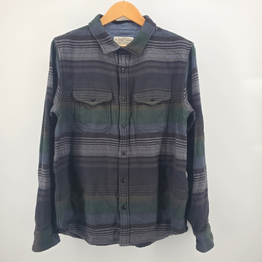 Outerknown Blanket Shirt Mens Medium Organic Cotton Blue Green Stripe Flannel
